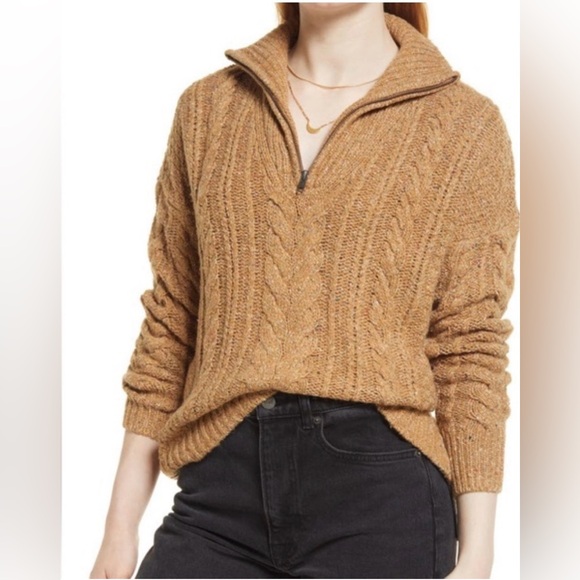 Madewell Brown/Tan Cable Knit Wool Silk Blend Half Zip Sweater - Picture 4 of 11